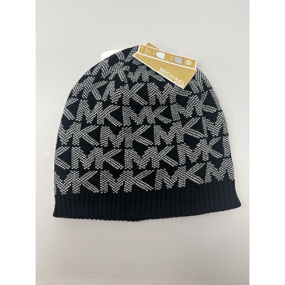 Michael Kors Reversible MK Logo Beanie Hat Black Cream OS New NWT